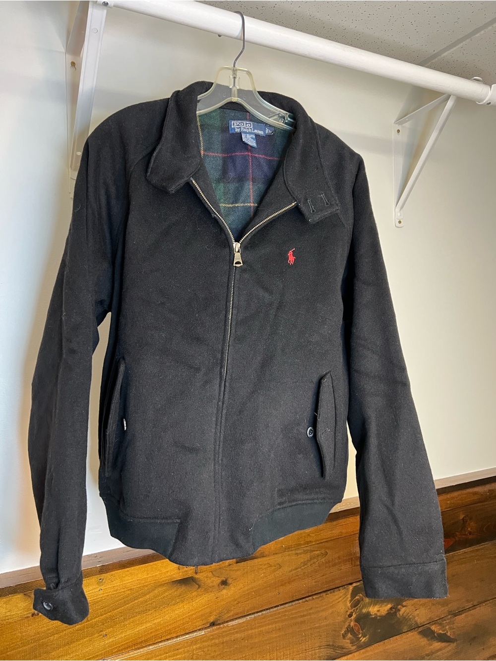 Polo by Ralph Lauren Black Wool Jacket with Red Pony Logo and Plaid Lining- L